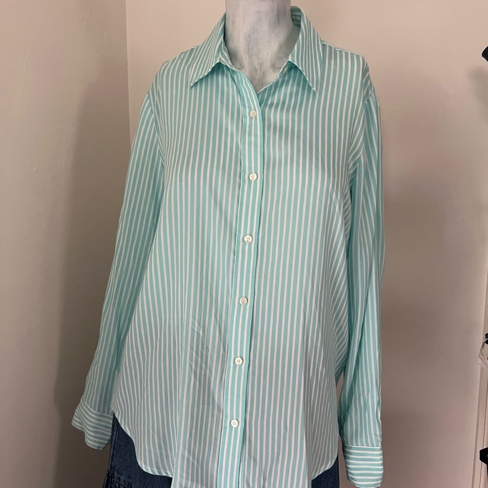 J. McLaughlin Teal and White Striped Sloane Shirt Silk Blend - Picture 5 of 11